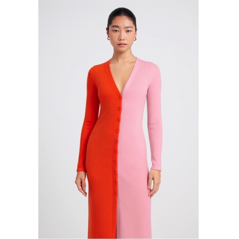 Staud Shoko Colorblock Sweater Dress Pink Orange Ribbed Knit Button Up sz XS